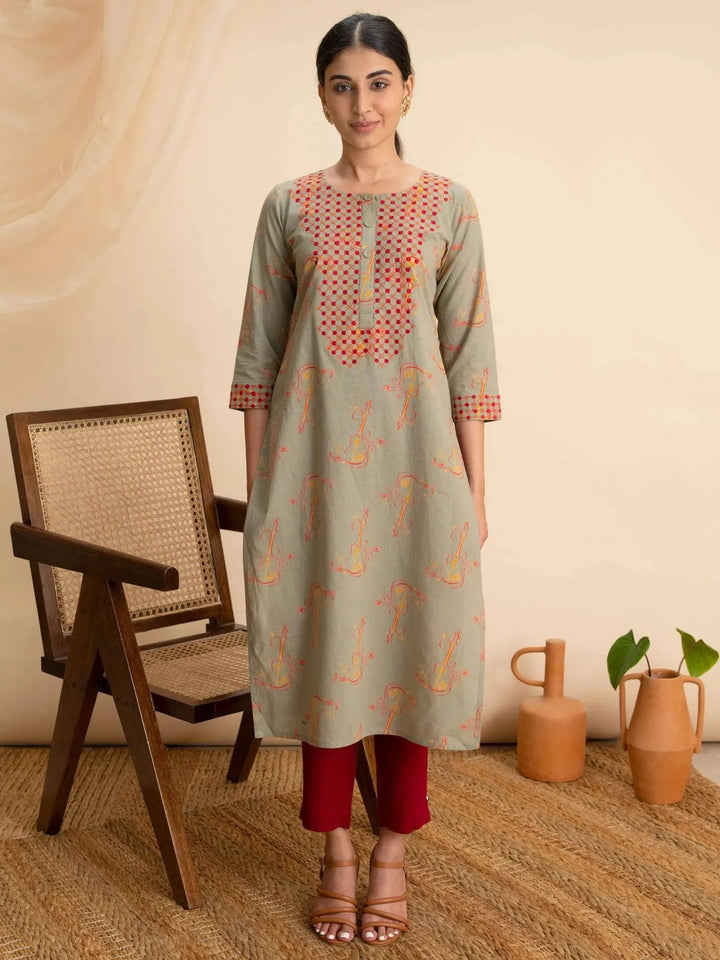 Green Printed Cotton Kurta - Libas