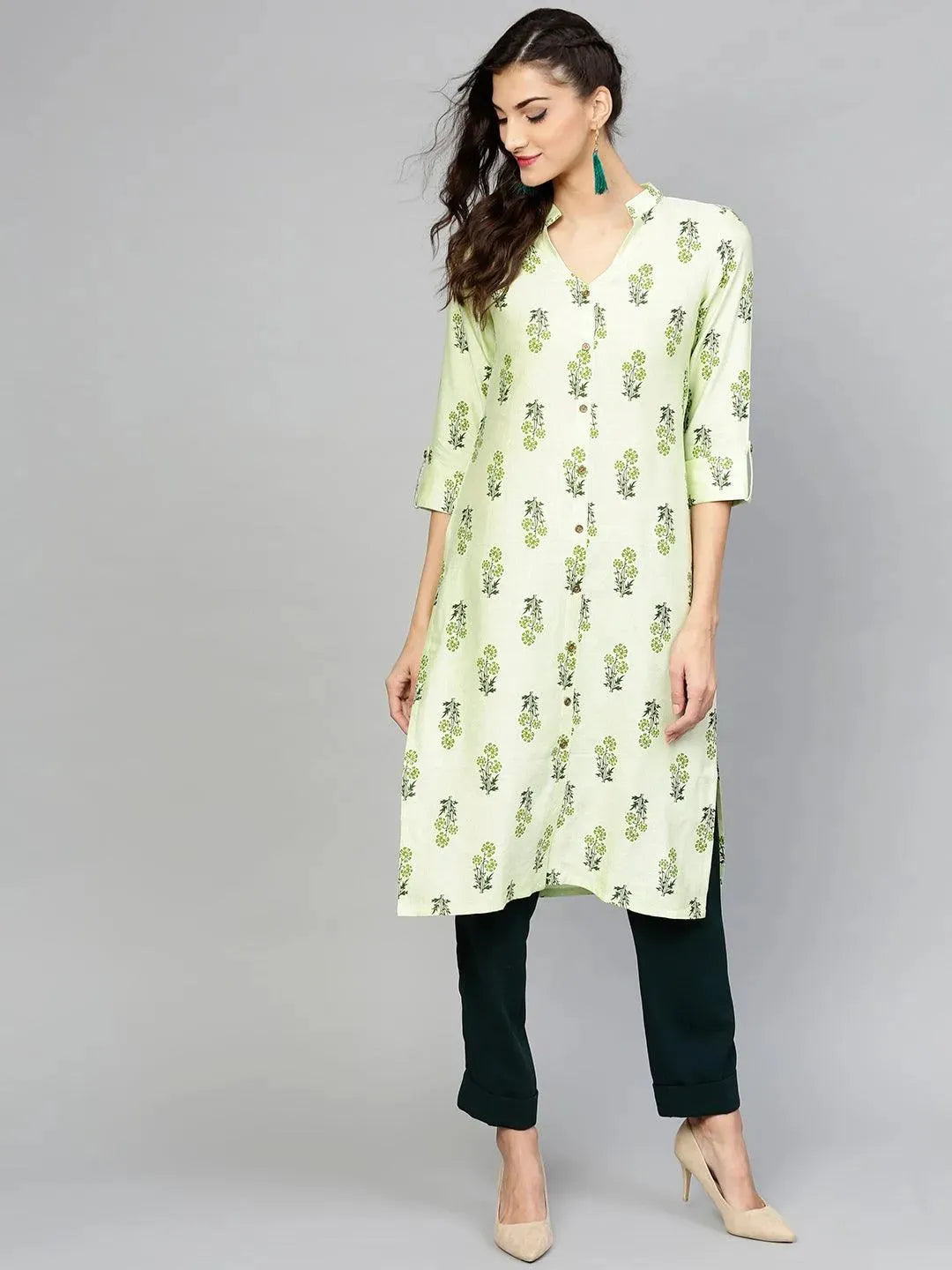 Green Printed Cotton Kurta - Libas