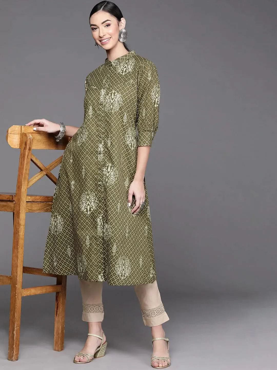 Green Printed Cotton Kurta - Libas 