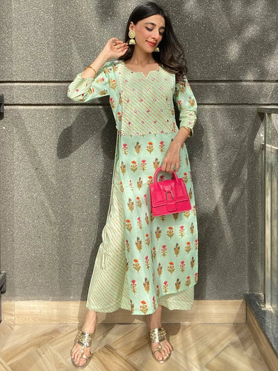 Green Printed Cotton Kurta - Libas