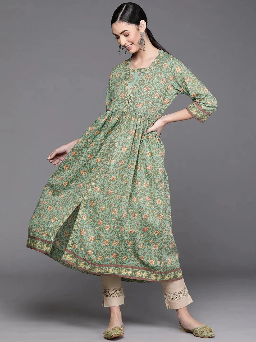 Green Printed Cotton Kurta - Libas