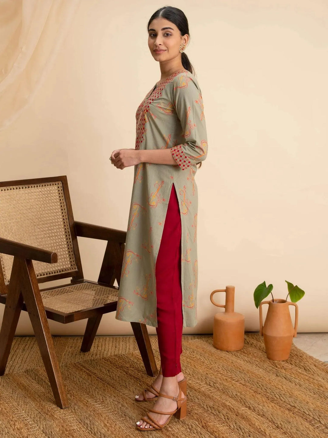 Green Printed Cotton Kurta - Libas 