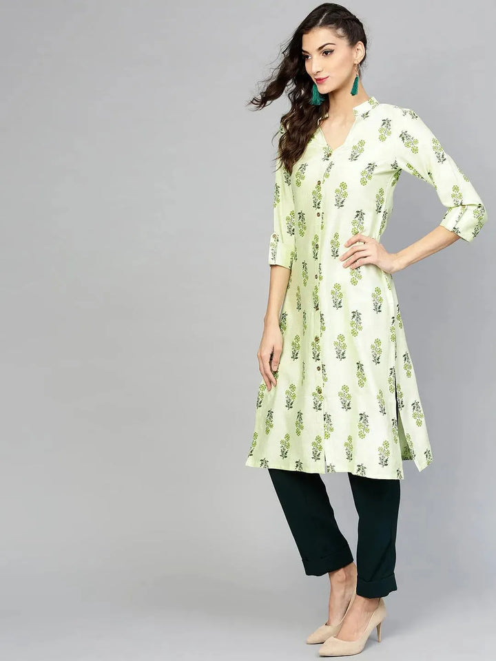 Green Printed Cotton Kurta - Libas
