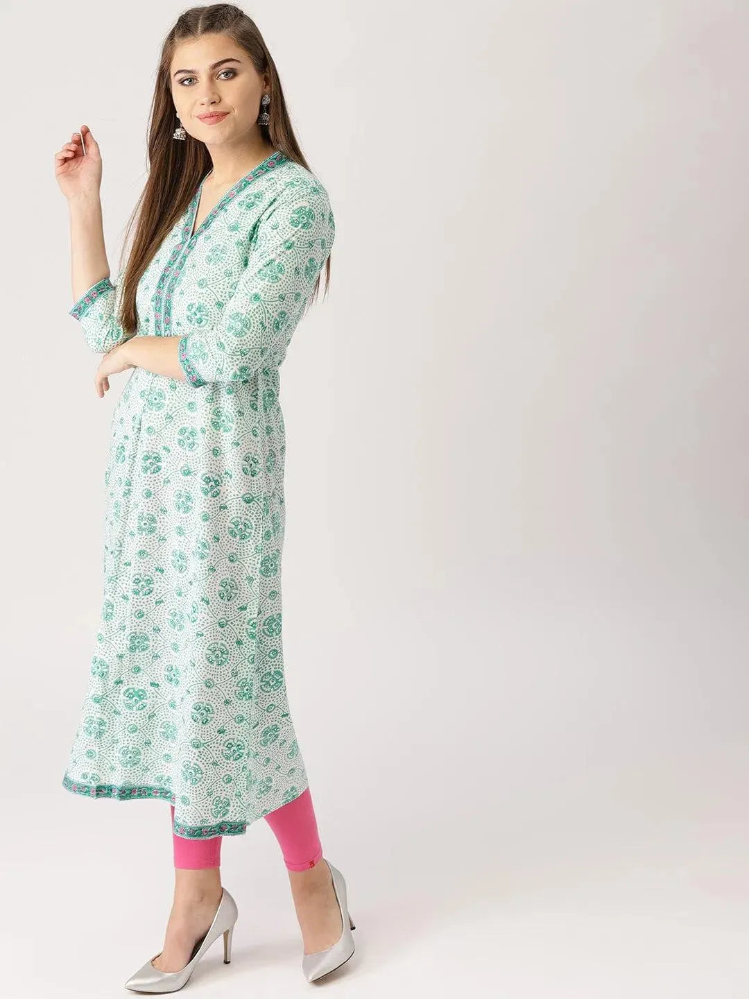 Green Printed Cotton Kurta - Libas 