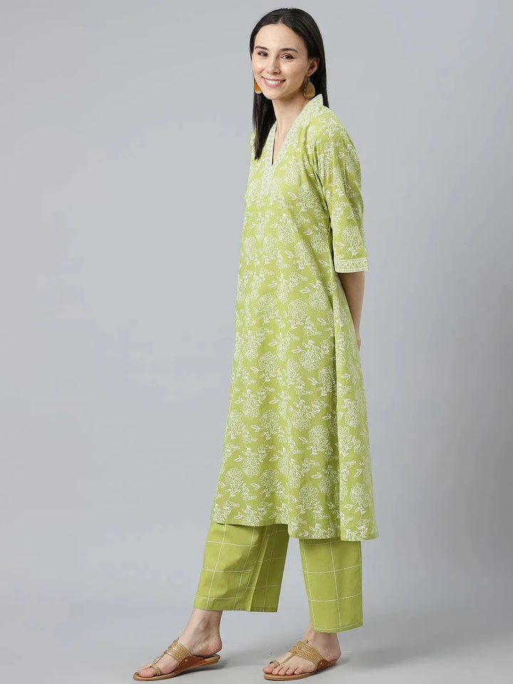 Green Printed Cotton Kurta - Libas