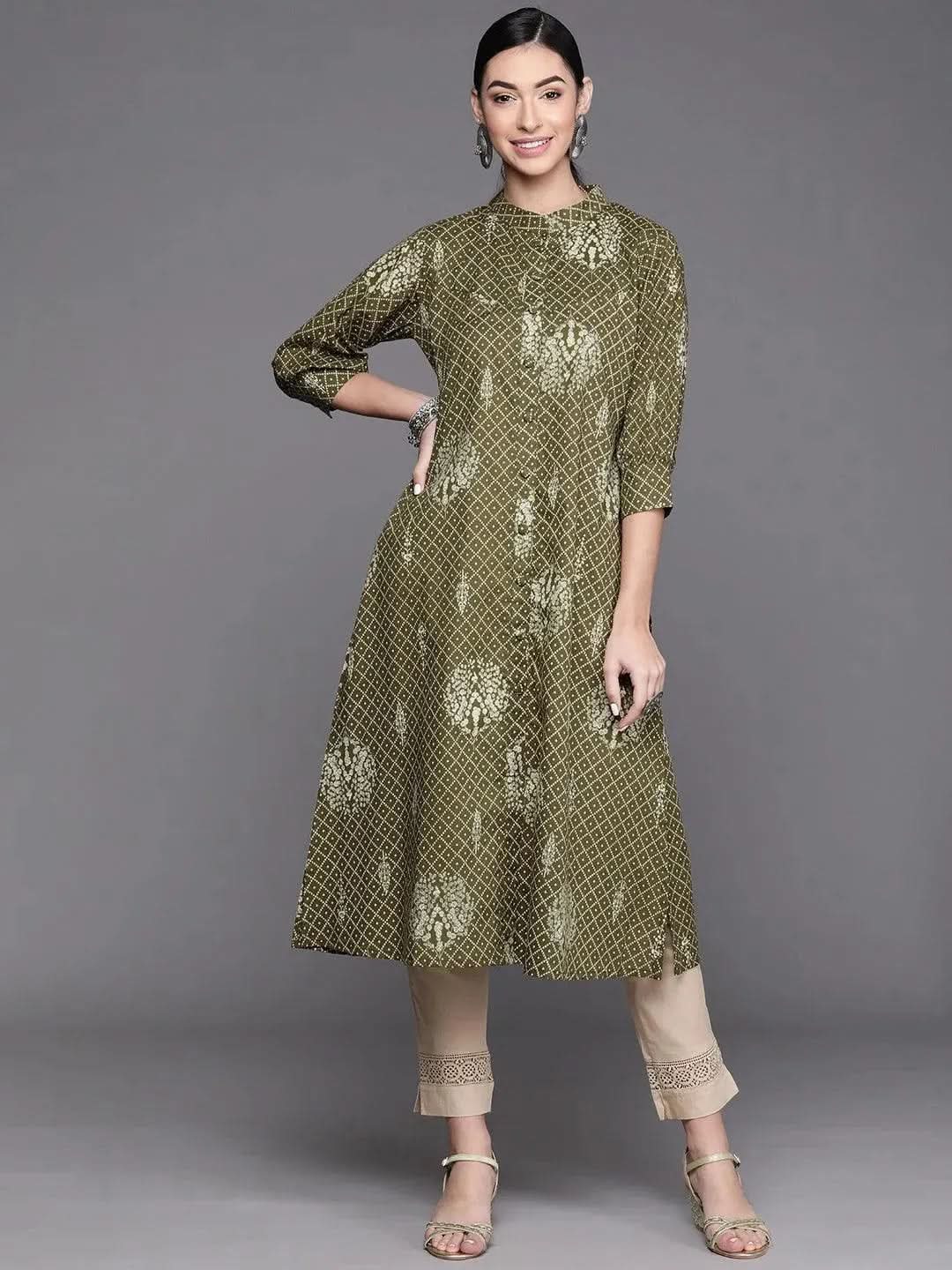 Green Printed Cotton Kurta - Libas 