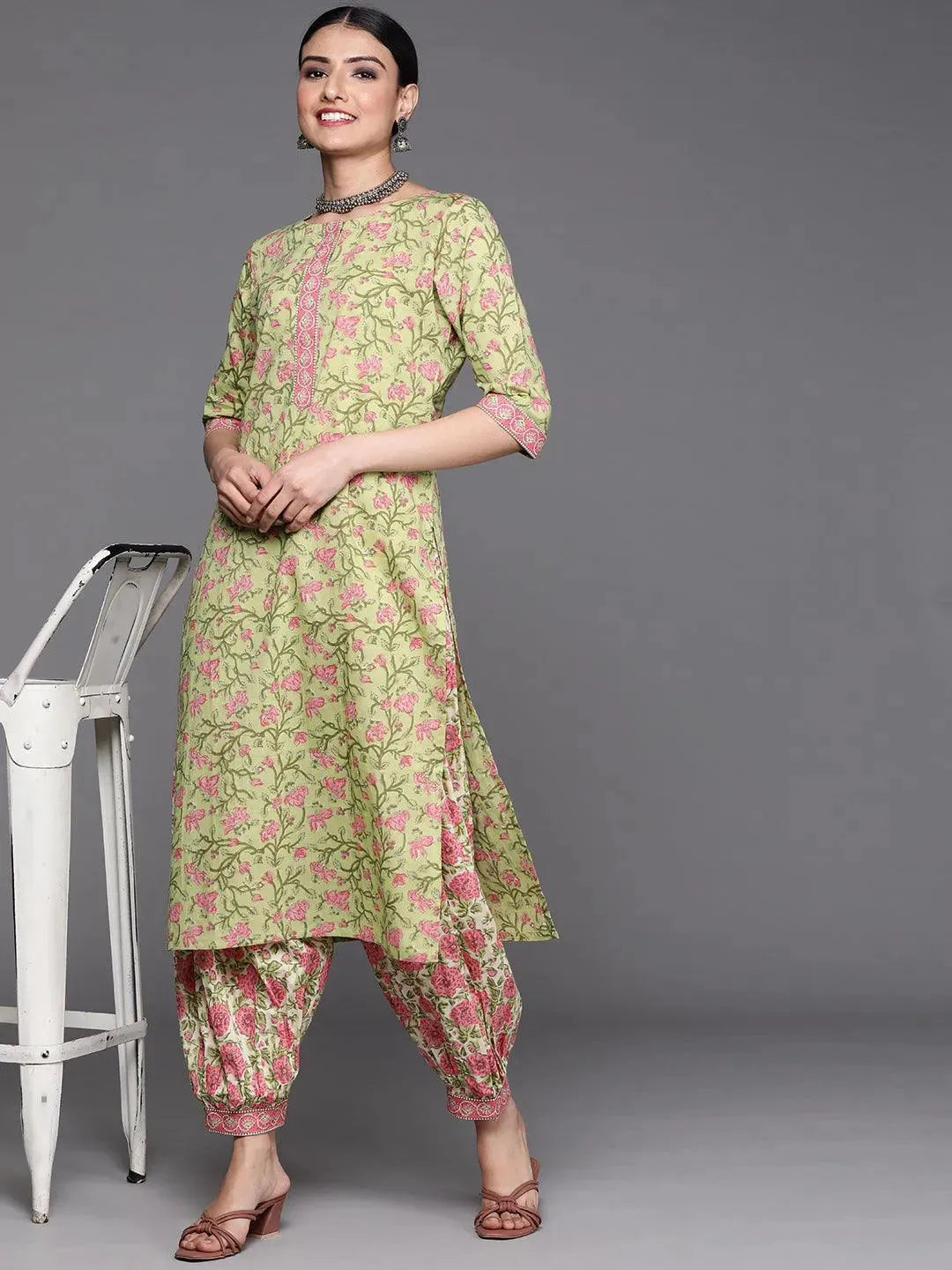 Green Printed Cotton Kurta - Libas 