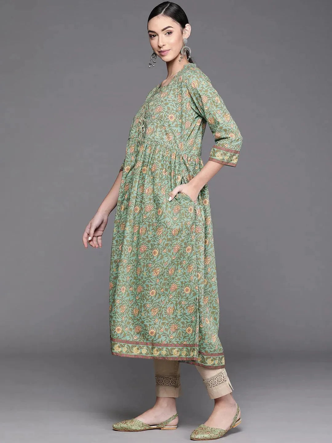 Green Printed Cotton Kurta - Libas 