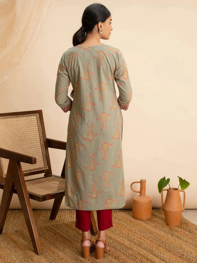 Green Printed Cotton Kurta - Libas