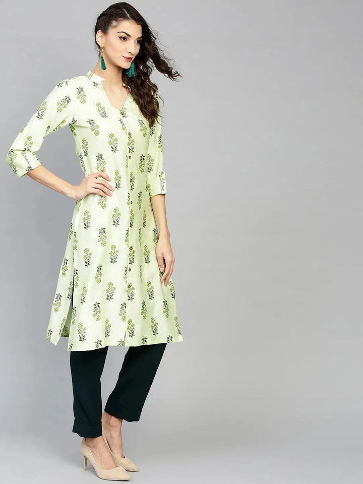 Green Printed Cotton Kurta - Libas
