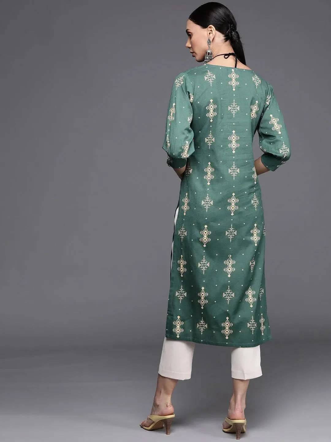 Green Printed Cotton Kurta - Libas 