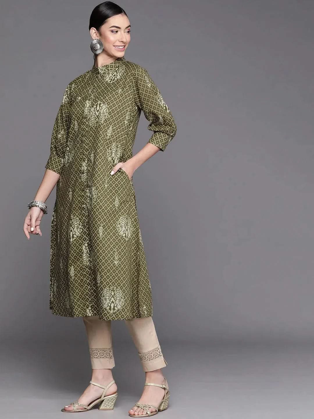 Green Printed Cotton Kurta - Libas 