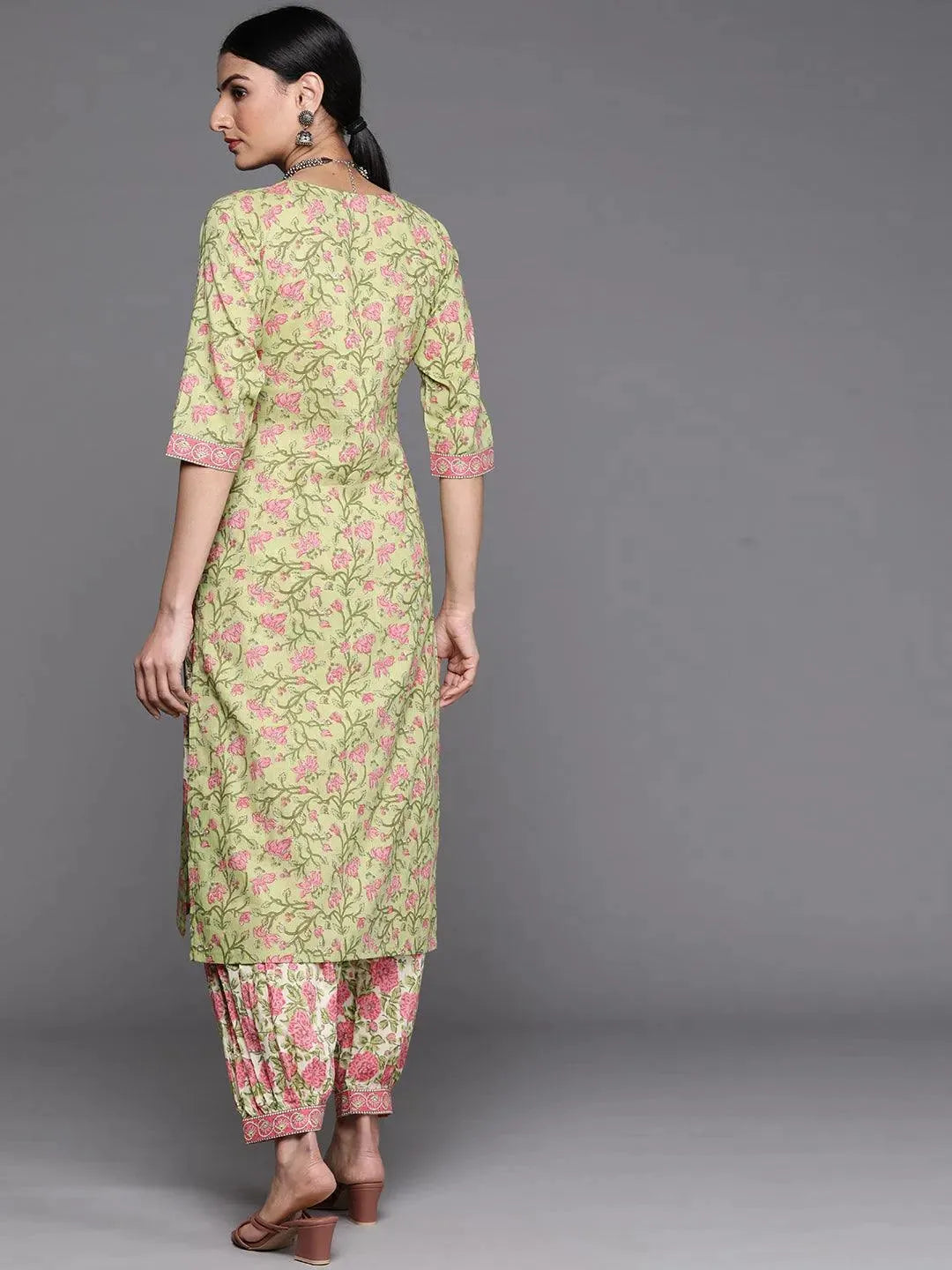 Green Printed Cotton Kurta - Libas 