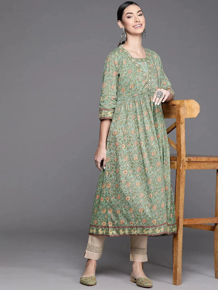 Green Printed Cotton Kurta - Libas