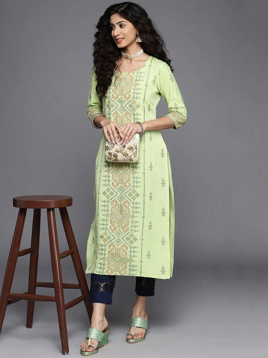 Green Printed Cotton Kurta - Libas 