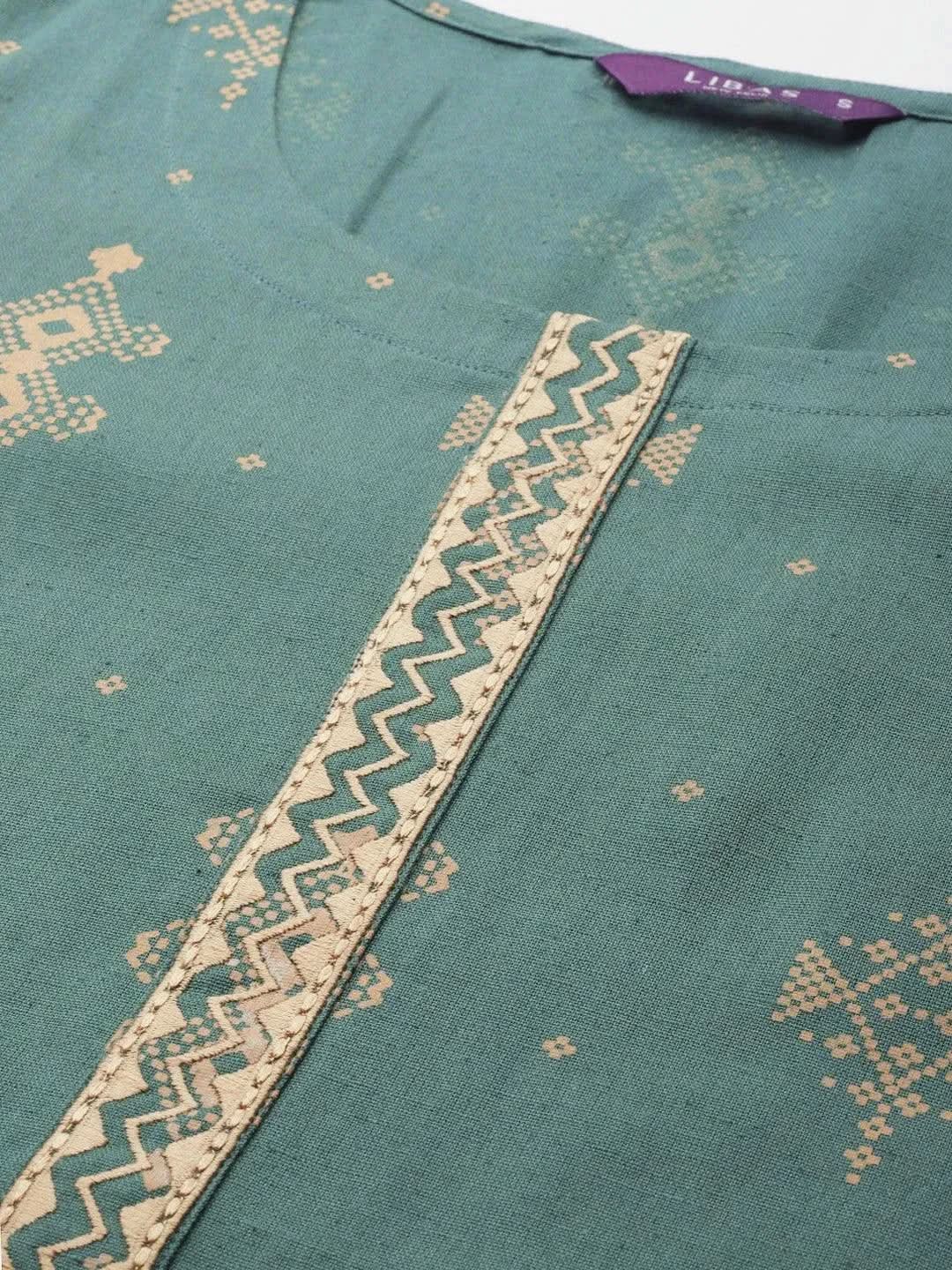 Green Printed Cotton Kurta - Libas 