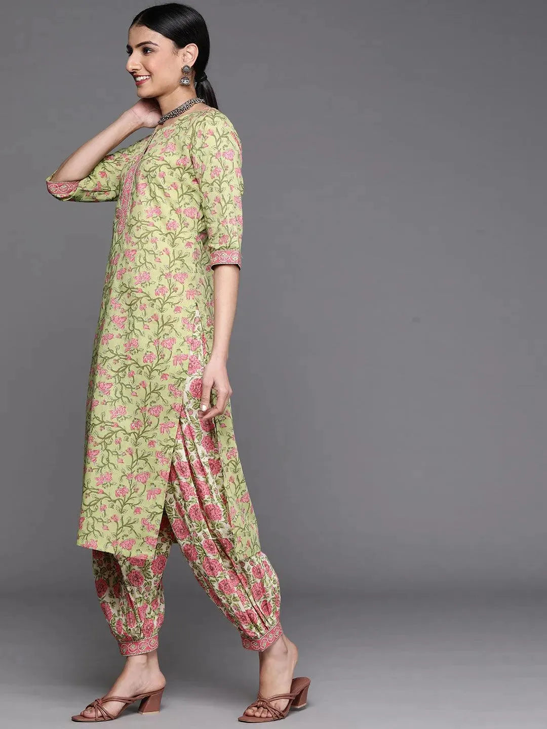 Green Printed Cotton Kurta - Libas 