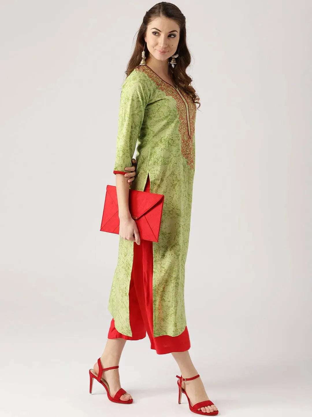 Green Printed Cotton Kurta - Libas 