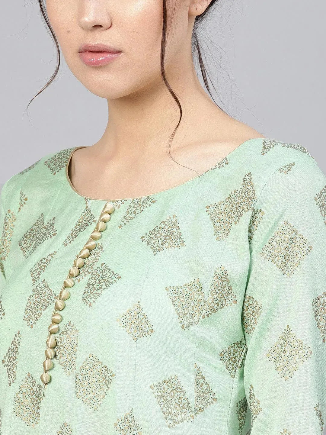 Green Printed Cotton Kurta - Libas 