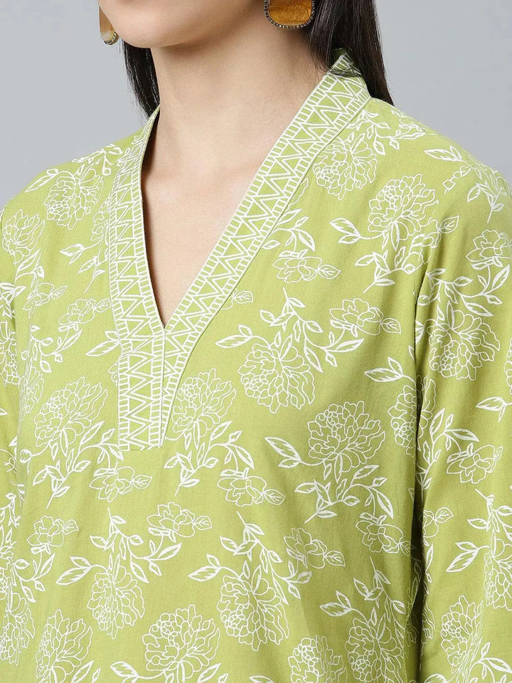 Green Printed Cotton Kurta - Libas