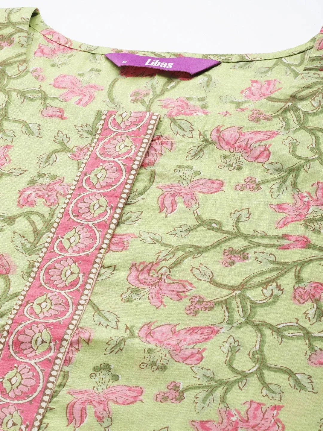 Green Printed Cotton Kurta - Libas 