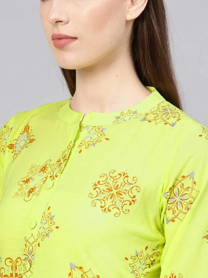 Green Printed Cotton Kurta - Libas