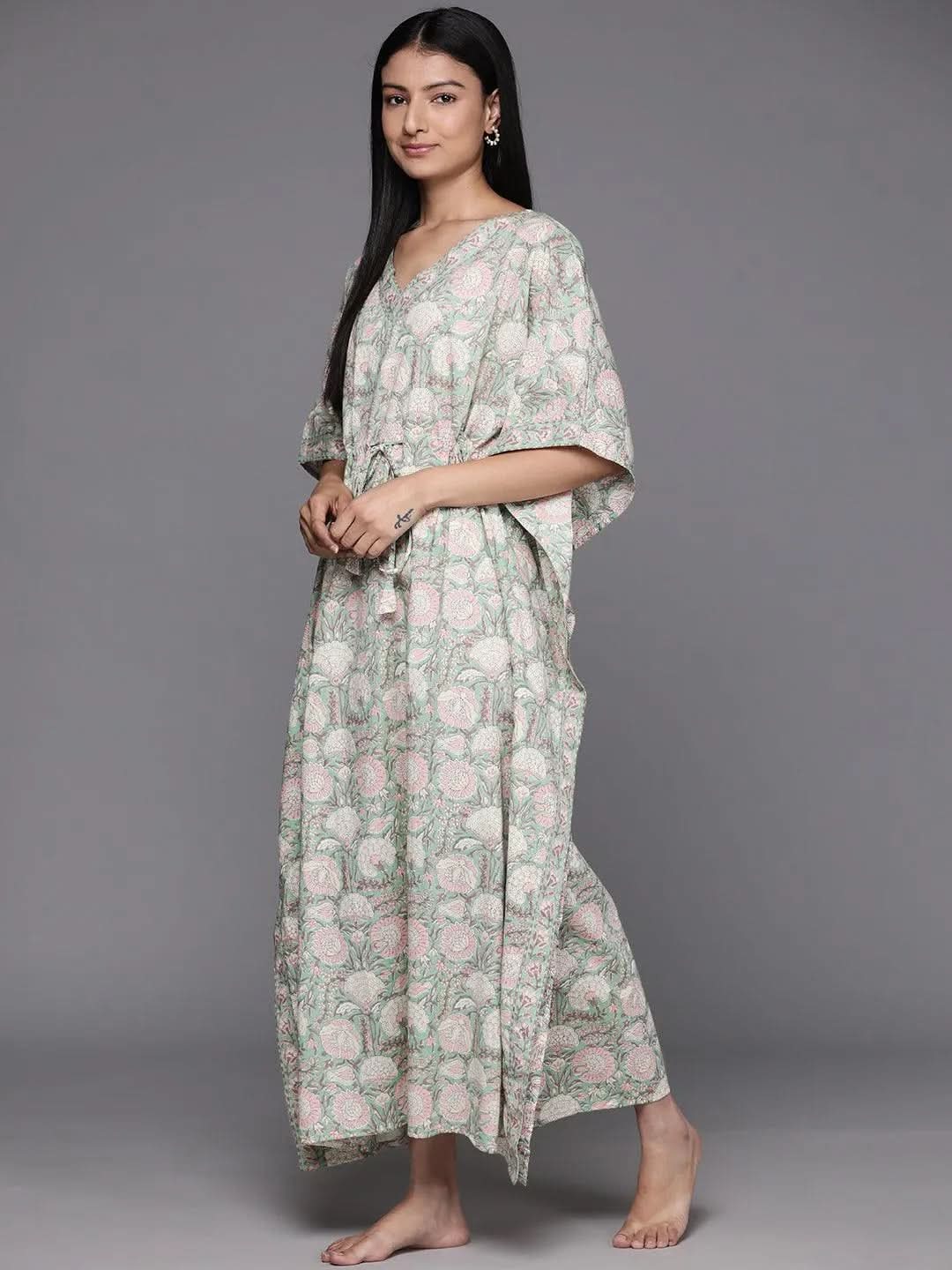 Green Printed Cotton Night Dress - Libas 