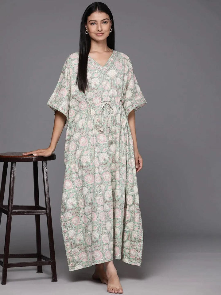 Green Printed Cotton Night Dress - Libas