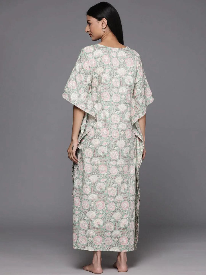 Green Printed Cotton Night Dress - Libas