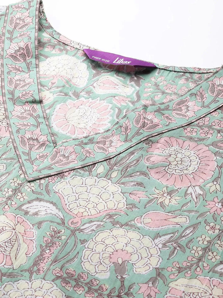 Green Printed Cotton Night Dress - Libas