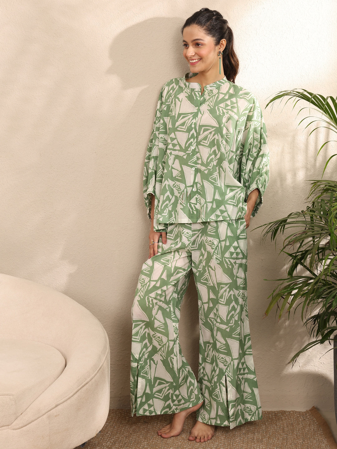  Green Printed Cotton Night Suit 