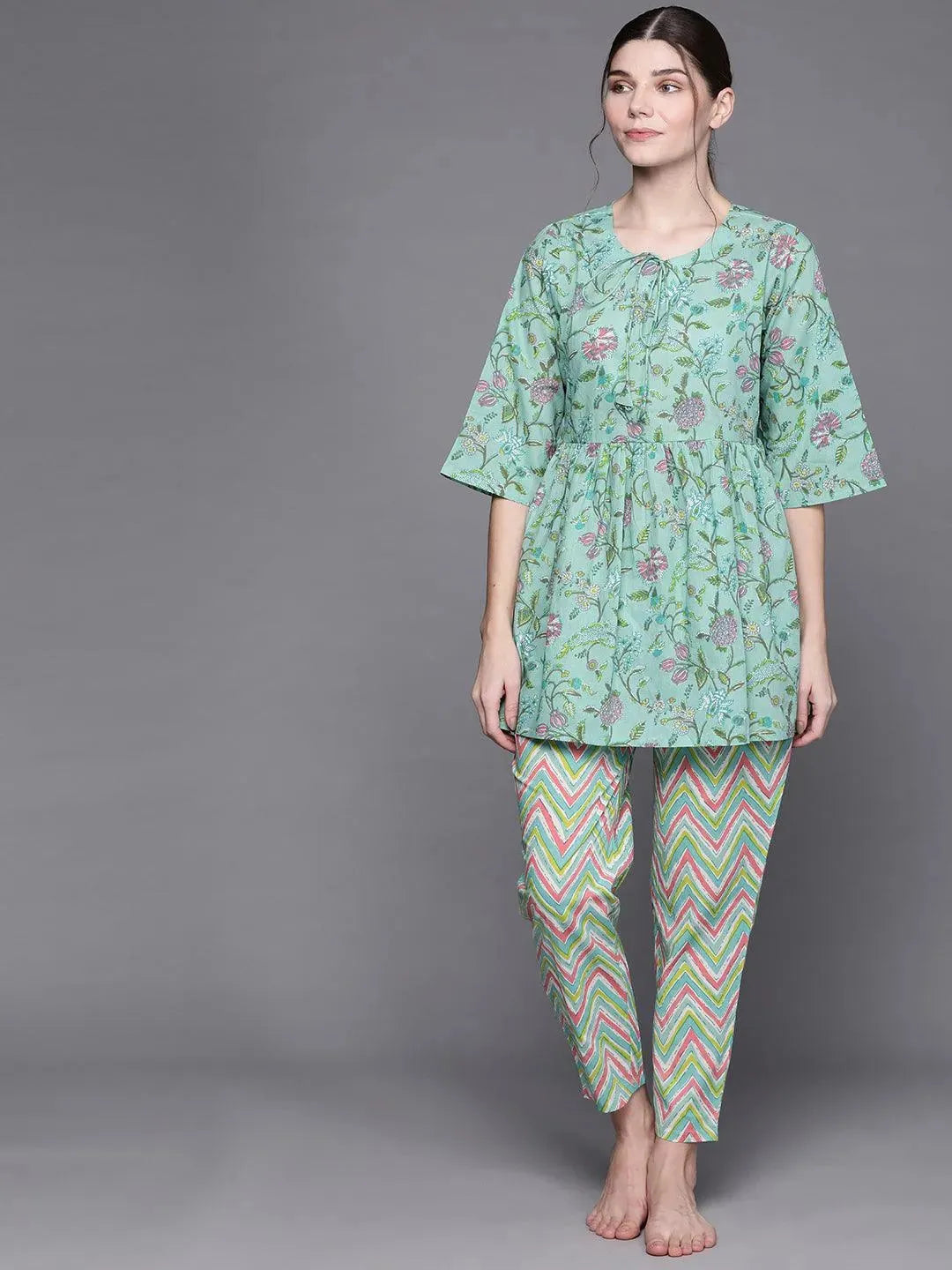 Green Printed Cotton Night Suit - Libas