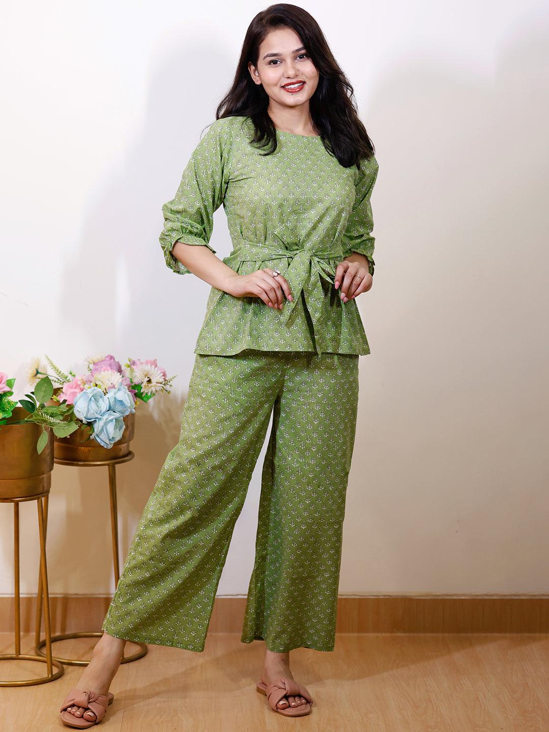 Green Printed Cotton Night Suit