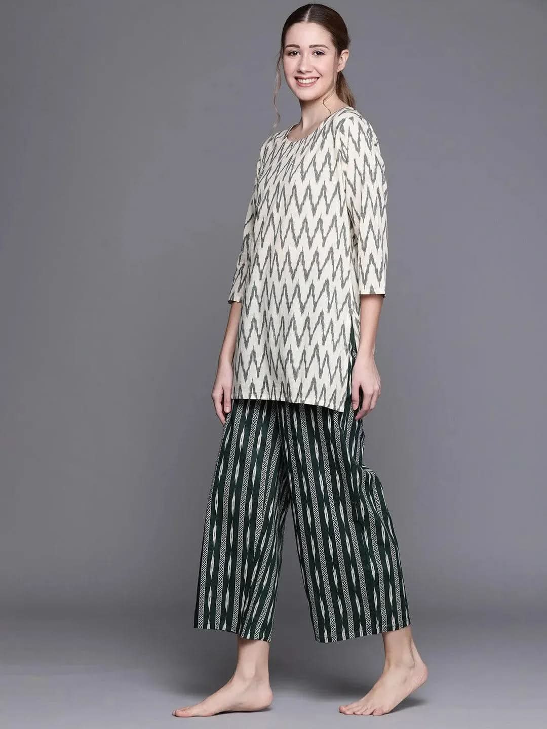 Green Printed Cotton Night Suit - Libas 