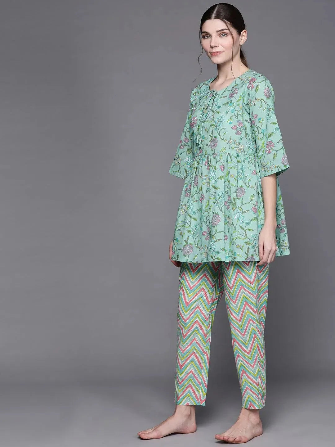 Green Printed Cotton Night Suit - Libas