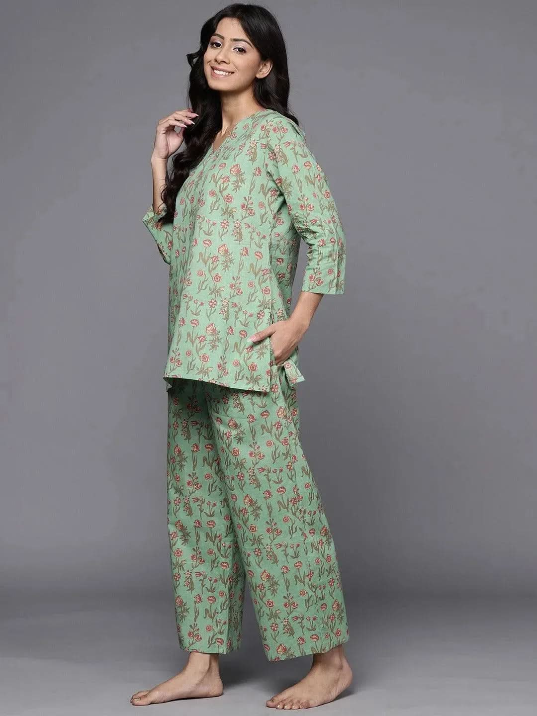 Green Printed Cotton Night Suit - Libas 