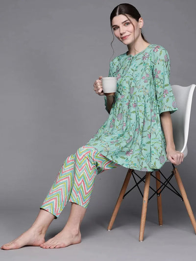 Green Printed Cotton Night Suit - Libas