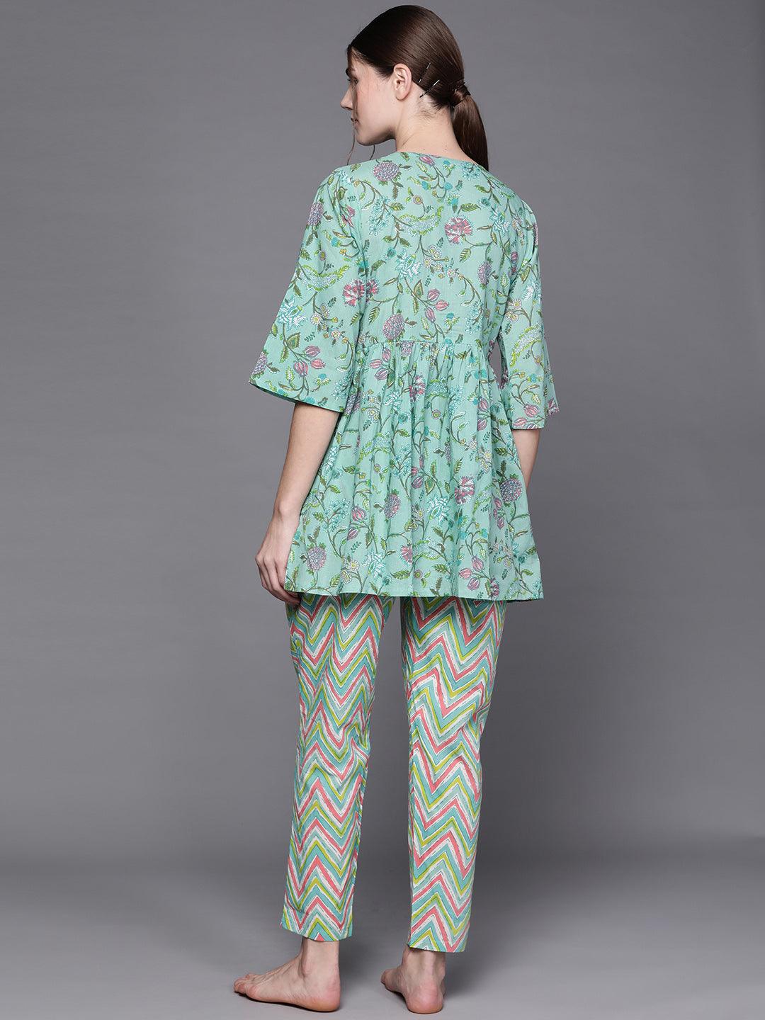 Green Printed Cotton Night Suit - Libas