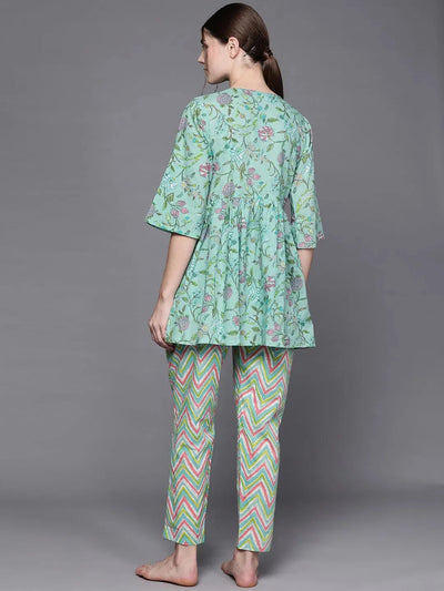 Green Printed Cotton Night Suit - Libas