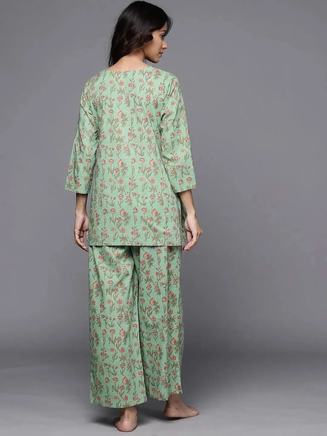 Green Printed Cotton Night Suit - Libas 