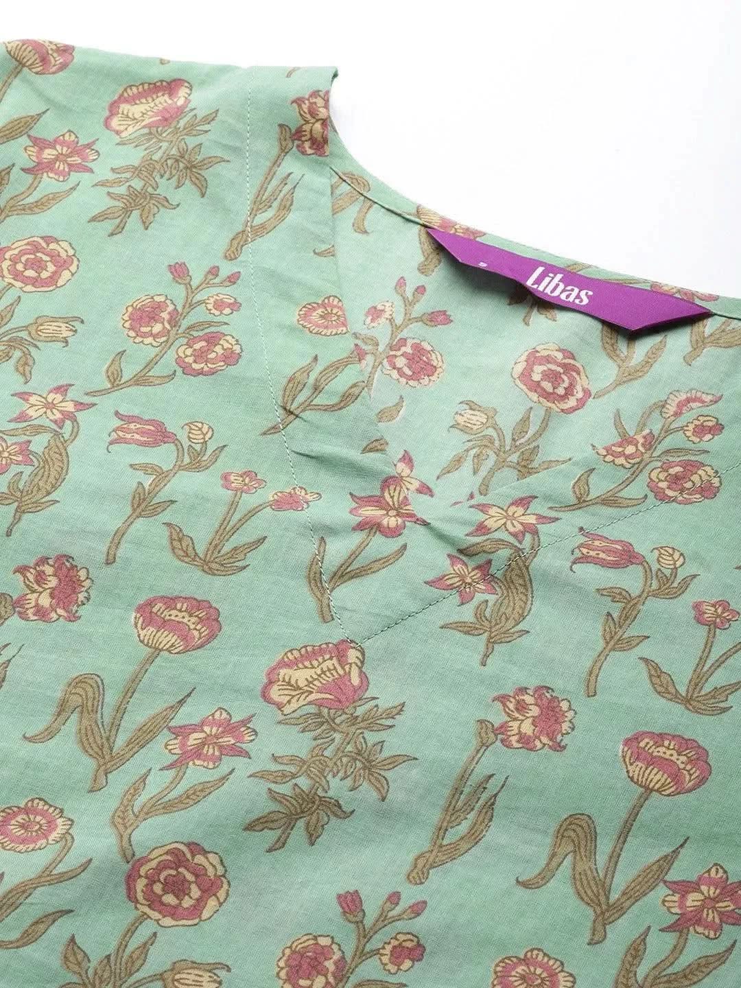Green Printed Cotton Night Suit - Libas 