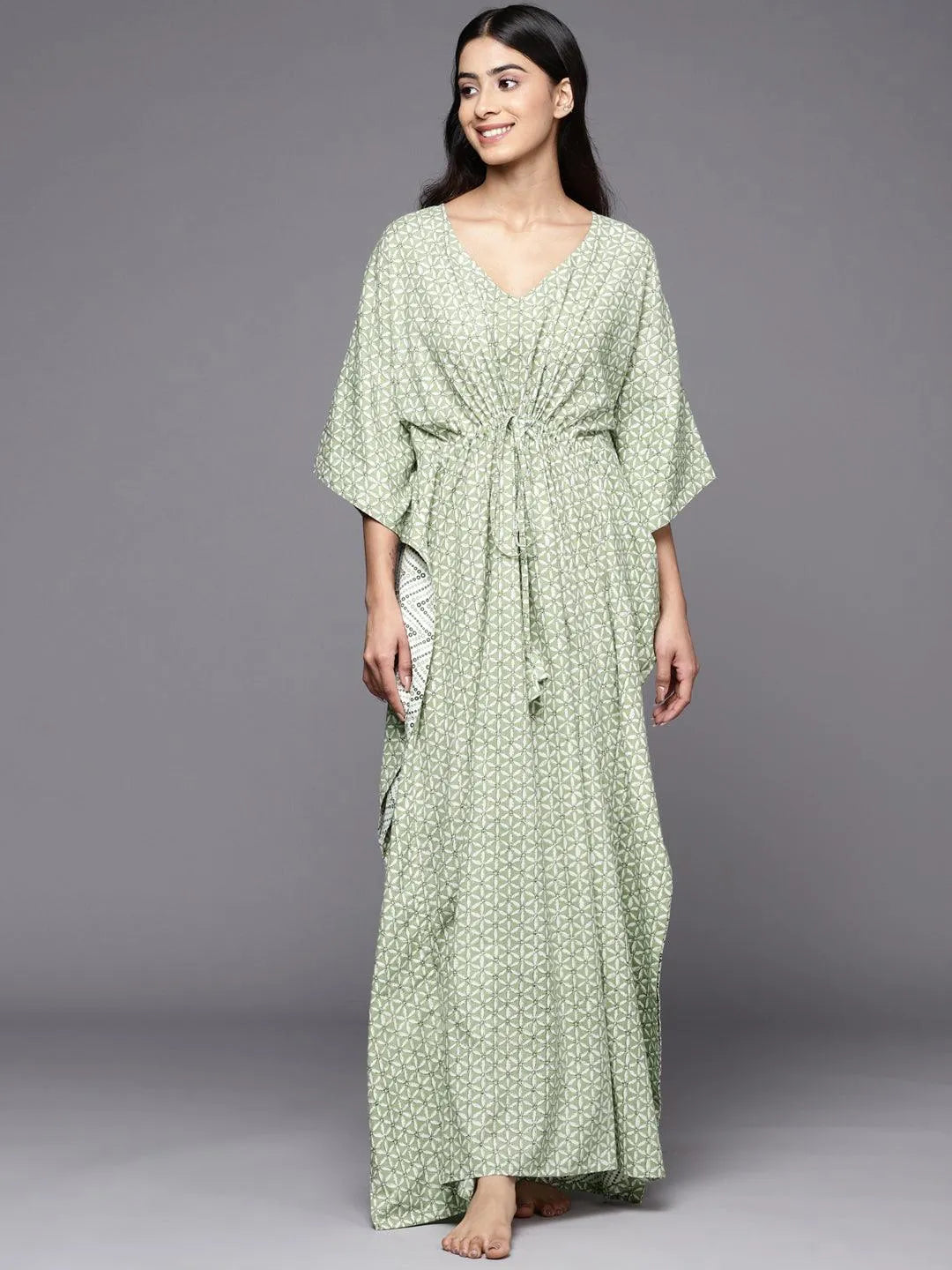 Green Printed Cotton Nightdress - Libas