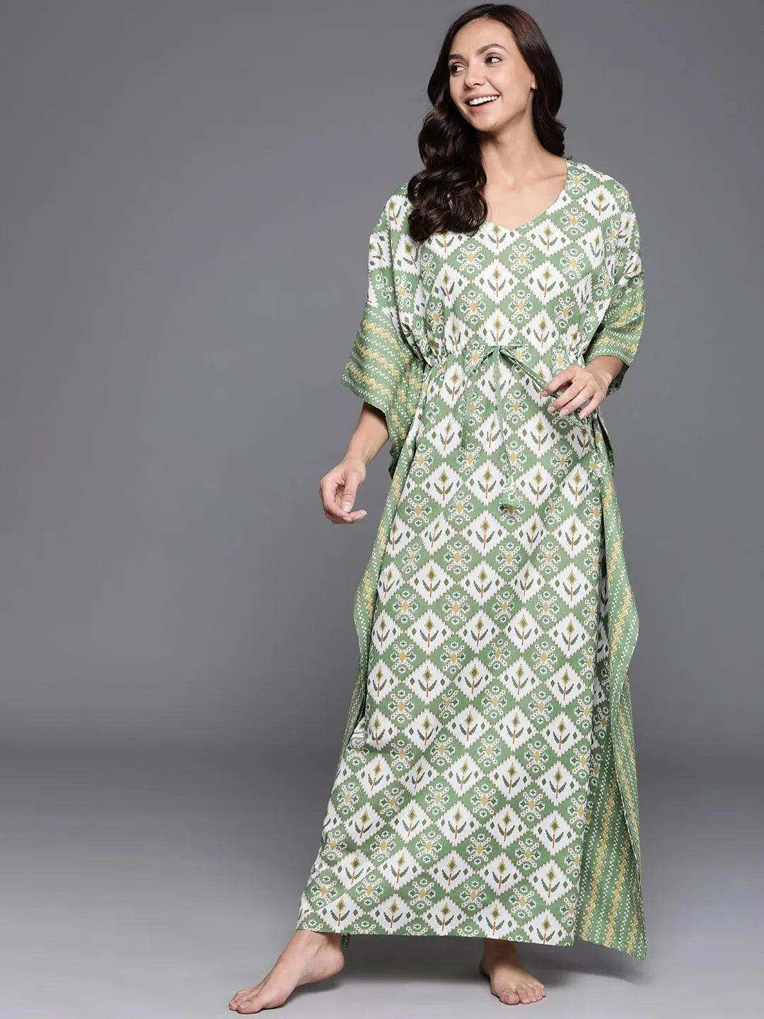 Green Printed Cotton Nightdress - Libas 