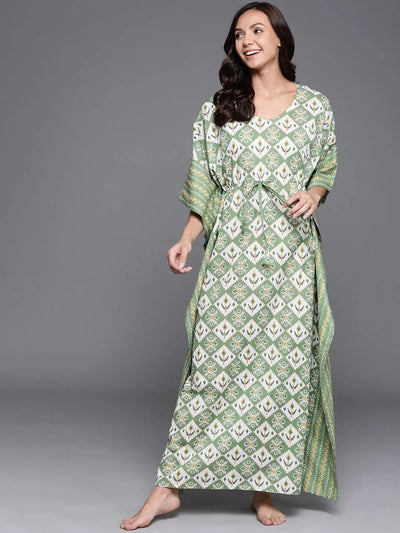 Green Printed Cotton Nightdress - Libas