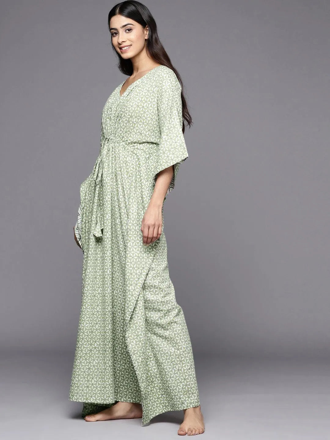 Green Printed Cotton Nightdress - Libas