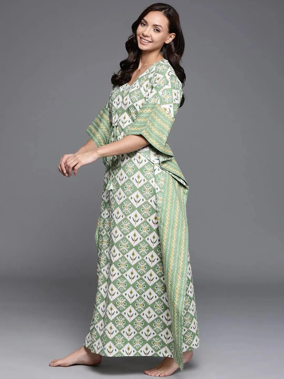 Green Printed Cotton Nightdress - Libas 
