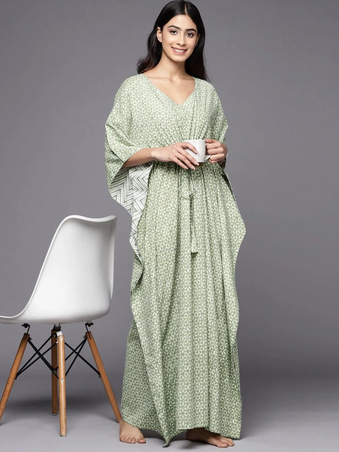 Green Printed Cotton Nightdress - Libas 