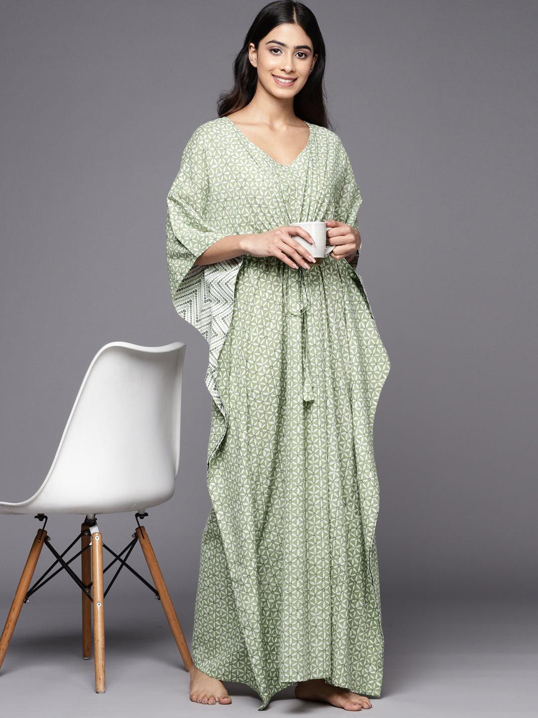 Green Printed Cotton Nightdress - Libas