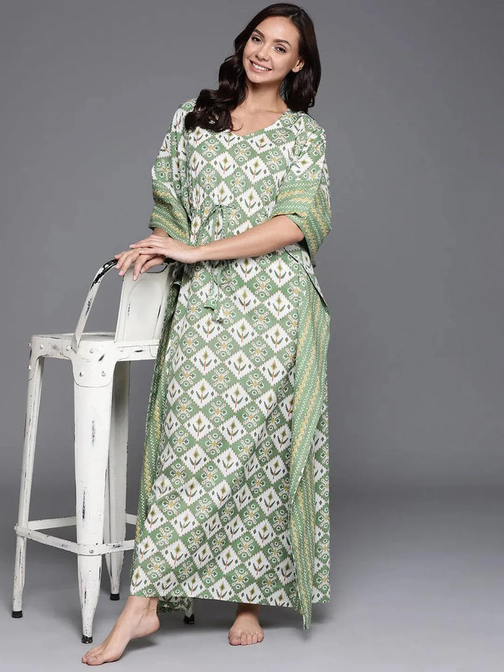 Green Printed Cotton Nightdress - Libas