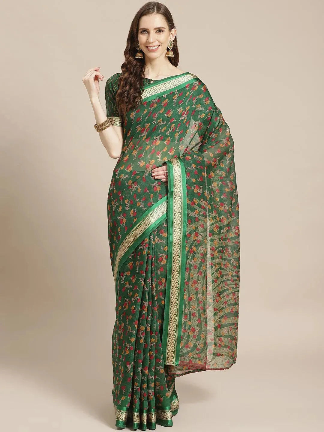 Green Printed Cotton Saree - Libas